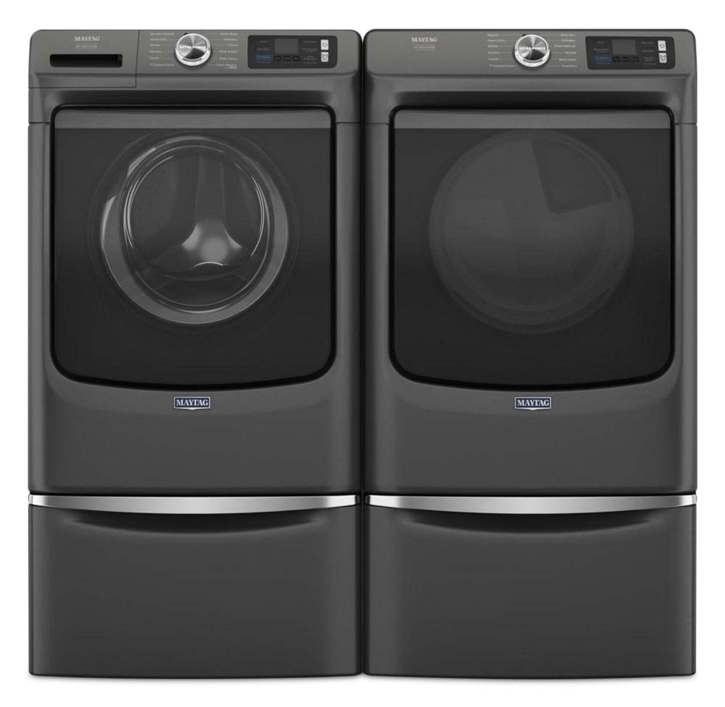 Maytag 5,8 pi3 Laveuse intelligente à chargement frontal Pet Pro et 7,4 pi3 Sécheuse à gaz - Noir volcan | Laveuse intelligente à chargement frontal Pet Pro de 5,8 pi3 et sécheuse à gaz de 7,4 pi3 de Maytag – noir volcan | MAFL702U