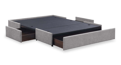 Lit de rangement Amos rembourré en tissu gris avec tête de lit à canaux et 3 tiroirs intégrés - format grand lit