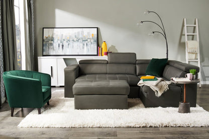 Canapé-lit sectionnel Drake 3 pièces en tissu imitation suède orienté vers la droite avec repose-pieds de rangement - Gris ciment | Canapé-lit sectionnel droit Drake 3 pièces en tissu de suédine avec pouf de rangement - gris ciment