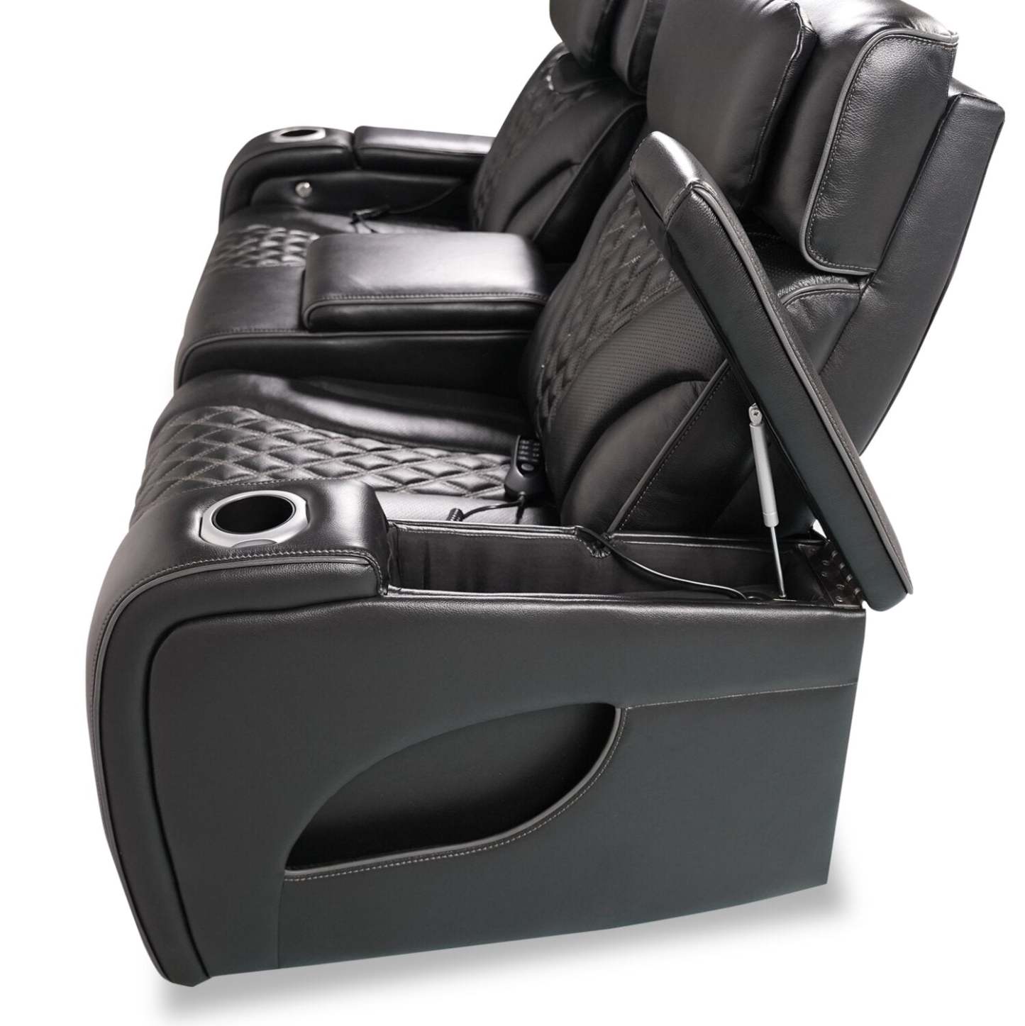 Elite 74 Genuine Leather Massage Power Reclining Loveseat with Power Headrests and Storage Arms - Black | Causeuse de massage à inclinaison électrique Elite de 74 po en cuir véritable avec appuie-têtes électriques et accoudoirs de rangement - noire