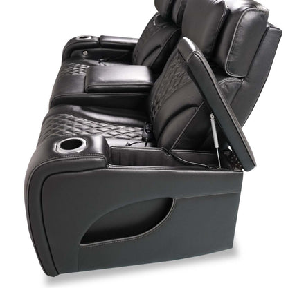 Elite 74 Genuine Leather Massage Power Reclining Loveseat with Power Headrests and Storage Arms - Black | Causeuse de massage à inclinaison électrique Elite de 74 po en cuir véritable avec appuie-têtes électriques et accoudoirs de rangement - noire