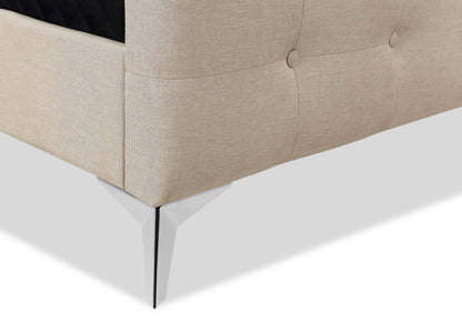 Lit rembourré Zara en tissu d'apparence lin beige - Capitonné à boutons - Taille Queen | Lit rembourré Zara en tissu d'apparence lin beige avec capitonnage à boutons - format grand lit