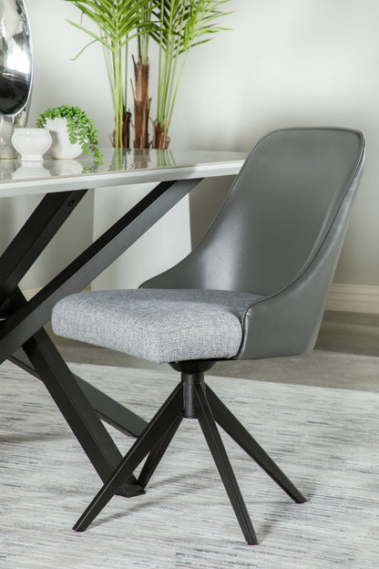 Chaise de salle à manger Bari avec tissu d'apparence cuir végétalien et lin, siège pivotant, métal - Gris | Chaise de salle à manger Bari en tissu de cuir végétalien, en tissu d'apparence lin et en métal avec siège pivotant - grise