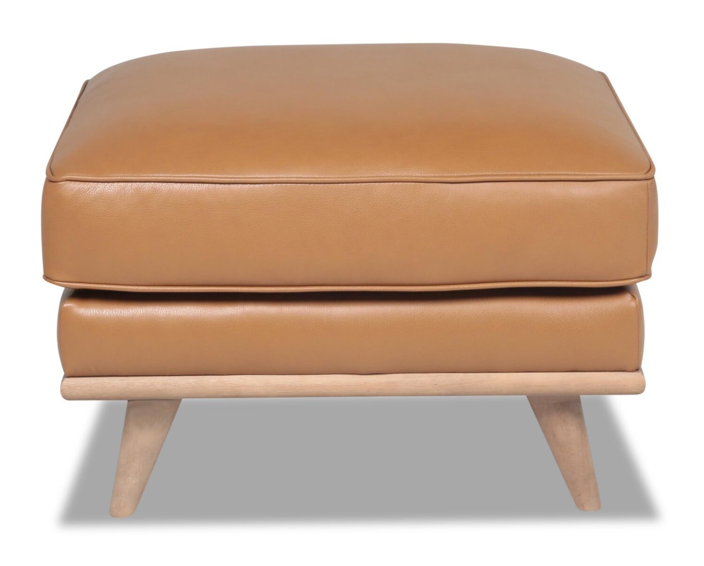 Ottoman Vivia 28 en cuir véritable avec base en bois - Brun caramel | Pouf Vivia de 28 po en cuir avec base en bois - brun caramel véritable