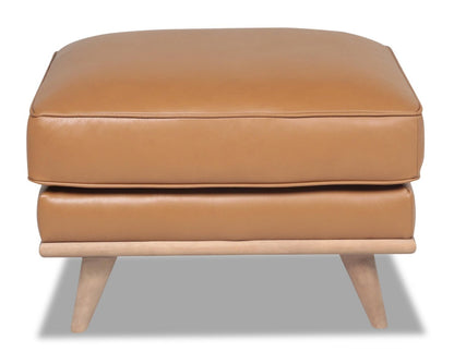Ottoman Vivia 28 en cuir véritable avec base en bois - Brun caramel | Pouf Vivia de 28 po en cuir avec base en bois - brun caramel véritable