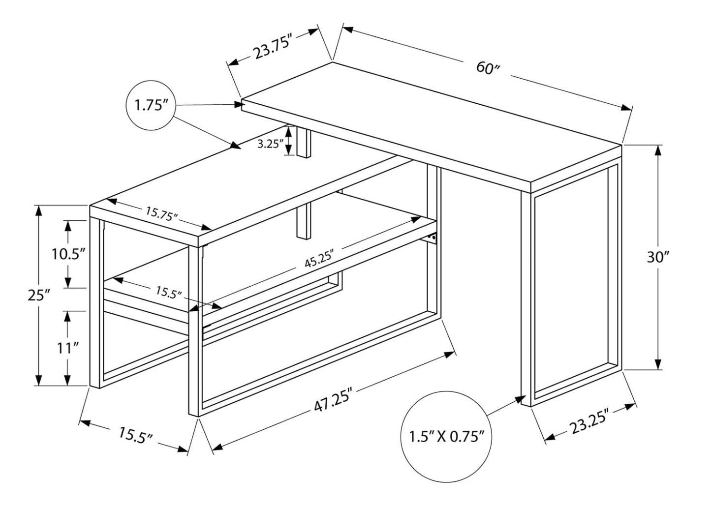 Bureau en forme de L Andrea 60 avec étagère - Gris|Bureau en forme de L Andrea de 60 po avec tablette - gris