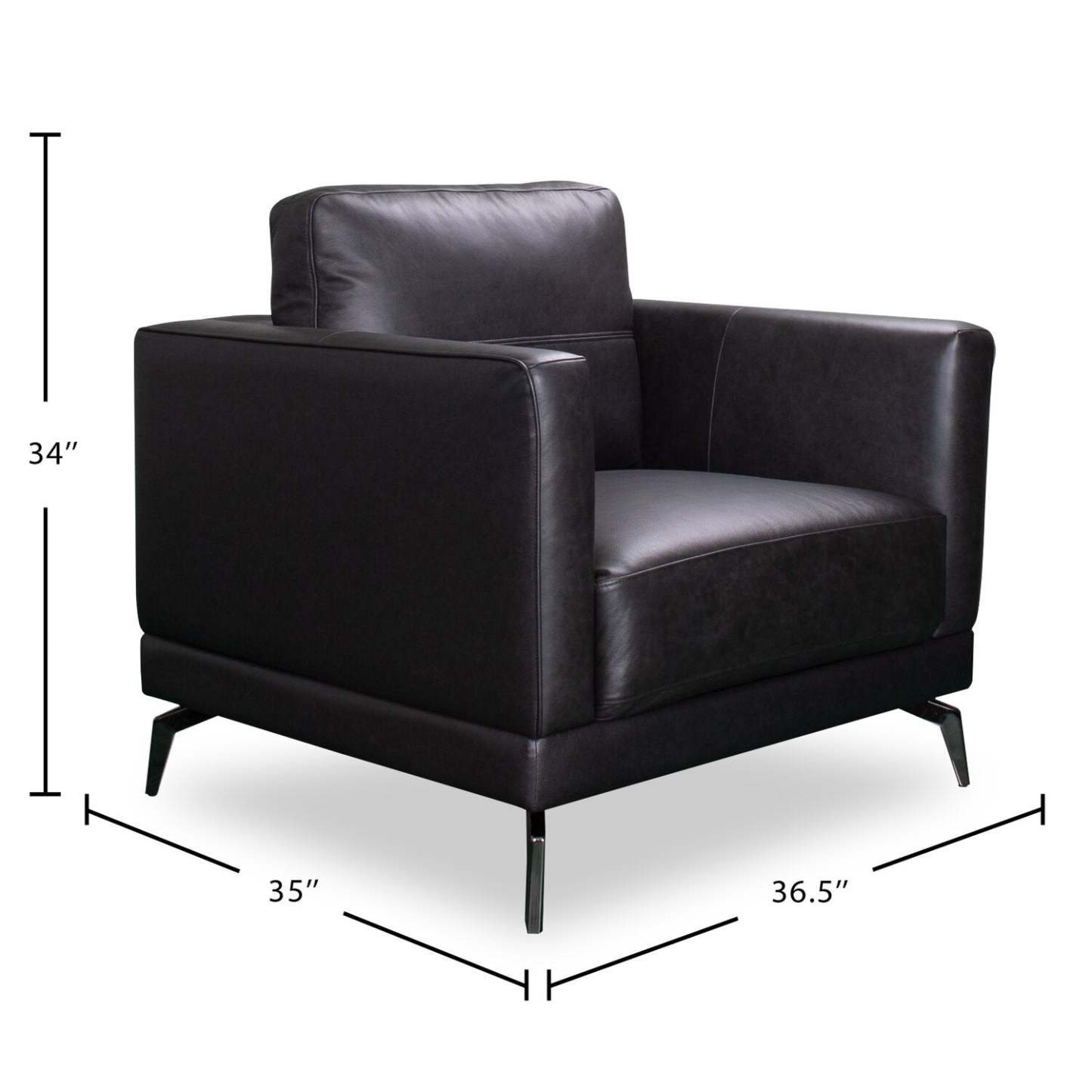 Chaise Melrose 36,5 en cuir véritable de première qualité avec pieds en métal - Noir | Fauteuil Melrose de 36,5 po en cuir de qualité supérieure avec pattes en métal véritable - noir