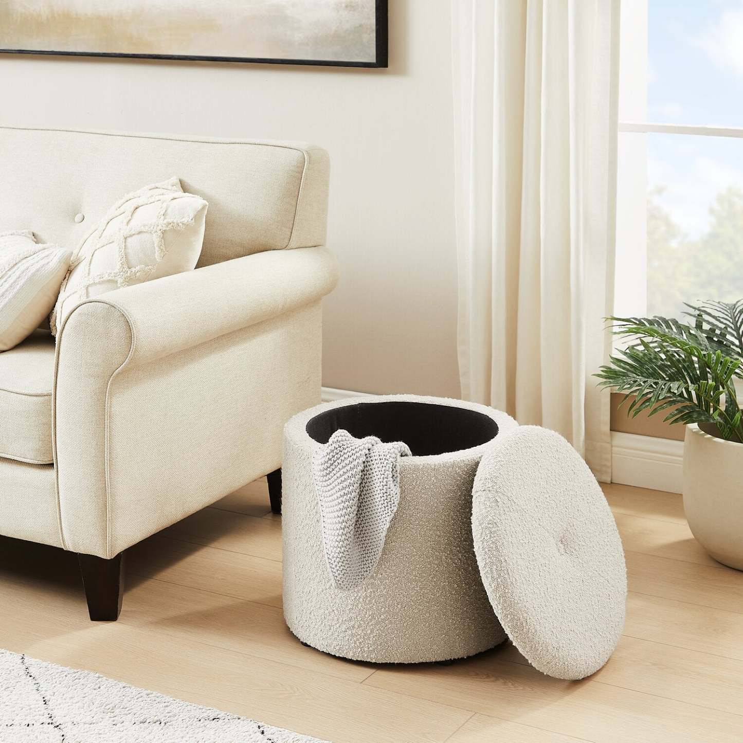 Ontario 14,75 po Pouf de rangement rond en tissu - blanc