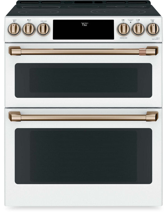 Cuisinière intelligente électrique Café de 7 pi³ avec convection européenne véritable et grilles auto-nettoyantes - Blanc mat… | Cafe 7 Cu. Ft. Smart Electric Range with True European Convection and Self Clean Racks - Matte White…