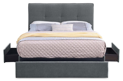 Lit de rangement Amos rembourré en tissu anthracite avec tête de lit capitonnée et 3 tiroirs intégrés - format très grand lit