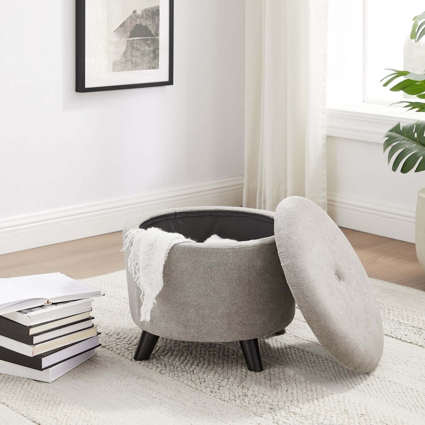 Pouf de rangement rond Winnipeg de 17,5 po en tissu - gris