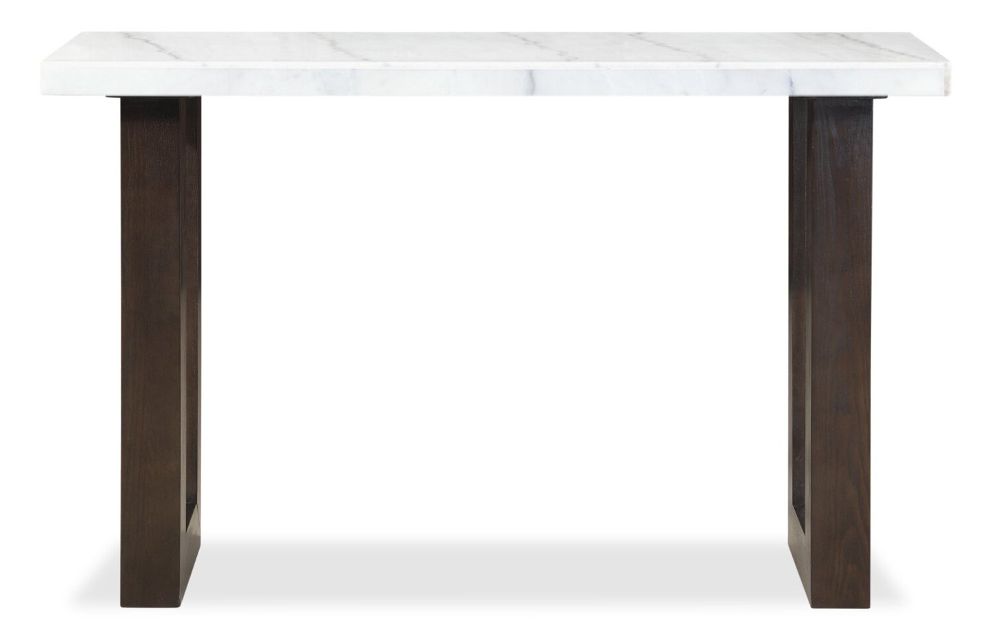 Table de canapé moderne Silvia 48 - Aspect marbre blanc et gris avec pieds en bois marron|Table de salon moderne Silvia de 48 po - imitation de marbre blanc et gris avec pattes en bois brun