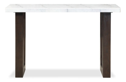 Table de canapé moderne Silvia 48 - Aspect marbre blanc et gris avec pieds en bois marron|Table de salon moderne Silvia de 48 po - imitation de marbre blanc et gris avec pattes en bois brun