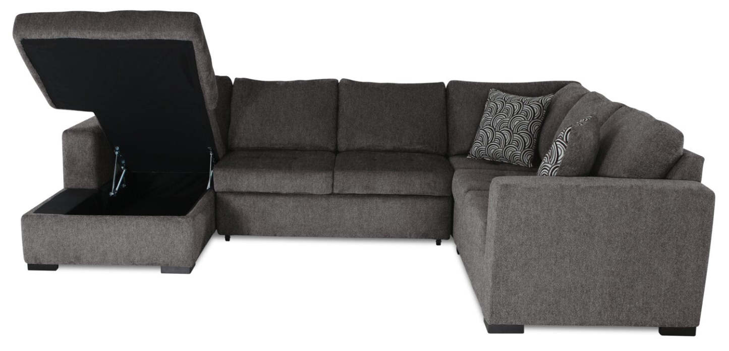 Made in Canada Legend 4-Piece Left-Facing Chenille Fabric Sleeper Sectional with Storage Chaise - Pewter Brown | Canapé-lit sectionnel de gauche Legend 4 pièces fabriqué au Canada en tissu de chenille avec chaise longue de rangement - brun étain