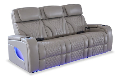 Elite 86 Genuine Leather Massage Power Reclining Sofa with Power Headrests and Storage Arms - Grey | Sofa de massage à inclinaison électrique Elite de 86 po en cuir véritable avec appuie-têtes électriques et accoudoirs de rangement - gris