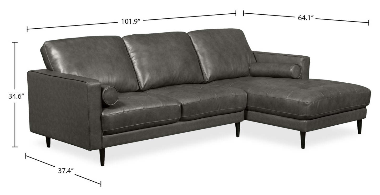 Canapé sectionnel de droite Edge 2 pièces en cuir avec pattes en bois et coussins de dossier véritable amovibles - gris