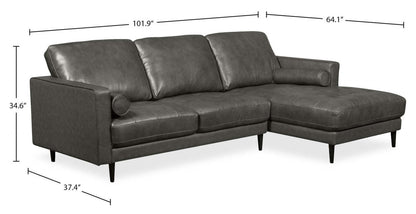 Canapé sectionnel de droite Edge 2 pièces en cuir avec pattes en bois et coussins de dossier véritable amovibles - gris