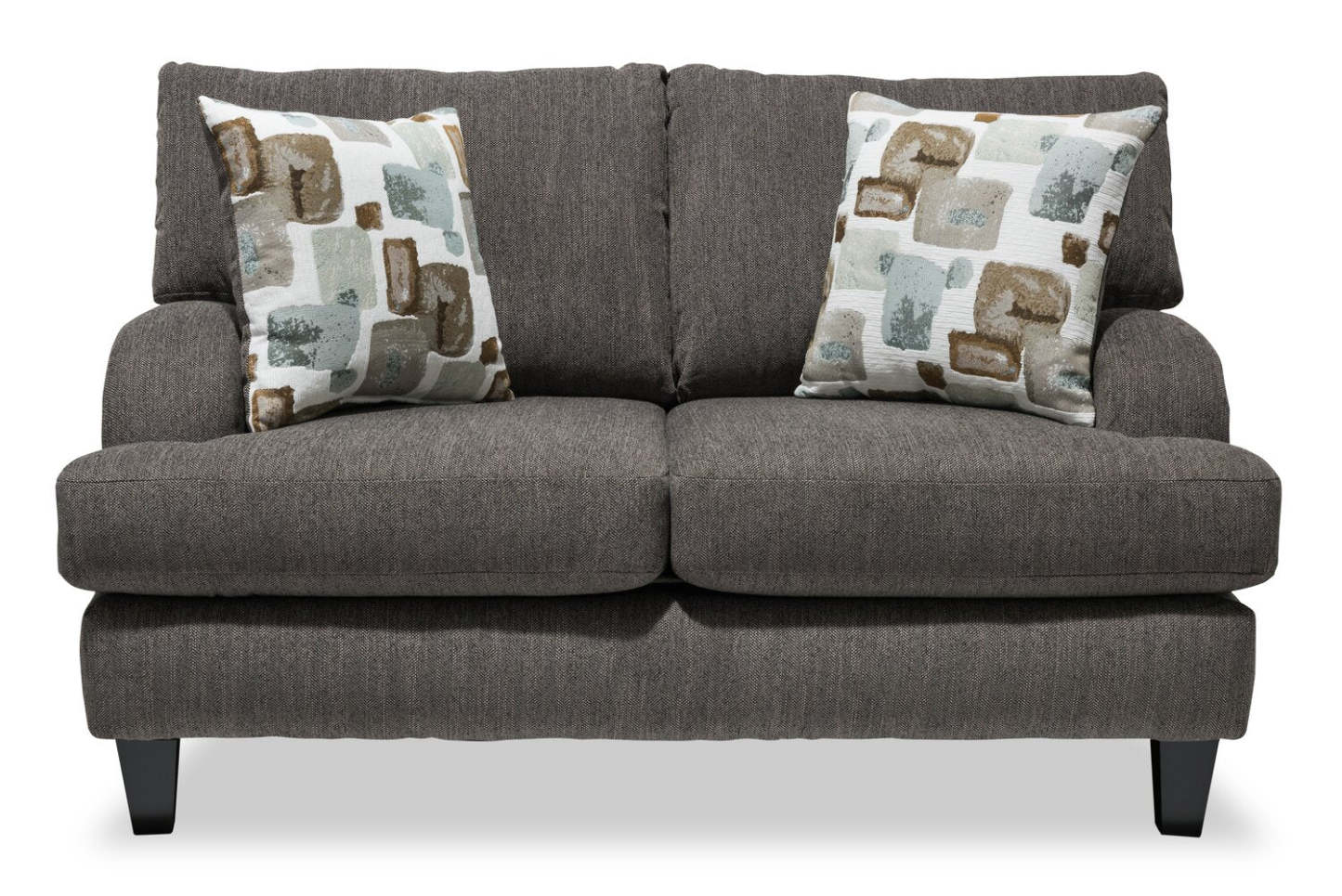 Made in Canada Nofia 58 Chenille Fabric Loveseat with Two Accent Pillows and Wood Legs - Charcoal Grey | Causeuse Nofia de 58 po fabriquée au Canada en tissu de chenille avec 2 coussins décoratifs et pattes en bois - gris anthracite