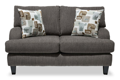 Made in Canada Nofia 58 Chenille Fabric Loveseat with Two Accent Pillows and Wood Legs - Charcoal Grey | Causeuse Nofia de 58 po fabriquée au Canada en tissu de chenille avec 2 coussins décoratifs et pattes en bois - gris anthracite