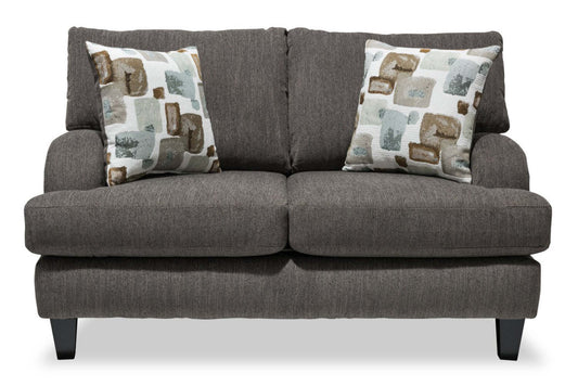 Made in Canada Nofia 58 Chenille Fabric Loveseat with Two Accent Pillows and Wood Legs - Charcoal Grey | Causeuse Nofia de 58 po fabriquée au Canada en tissu de chenille avec 2 coussins décoratifs et pattes en bois - gris anthracite