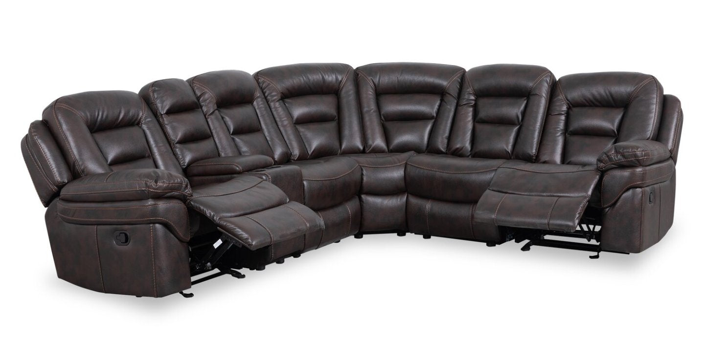 Sofa sectionnel inclinable Leo 6 pièces en tissu d’apparence cuir avec console de rangement et 2 porte-gobelets - brun noyer