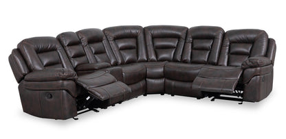 Sofa sectionnel inclinable Leo 6 pièces en tissu d’apparence cuir avec console de rangement et 2 porte-gobelets - brun noyer