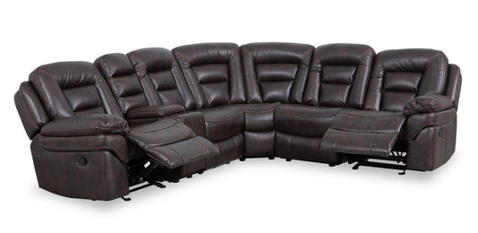 Sofa sectionnel inclinable Leo 6 pièces en tissu d’apparence cuir avec console de rangement et 2 porte-gobelets - brun noyer