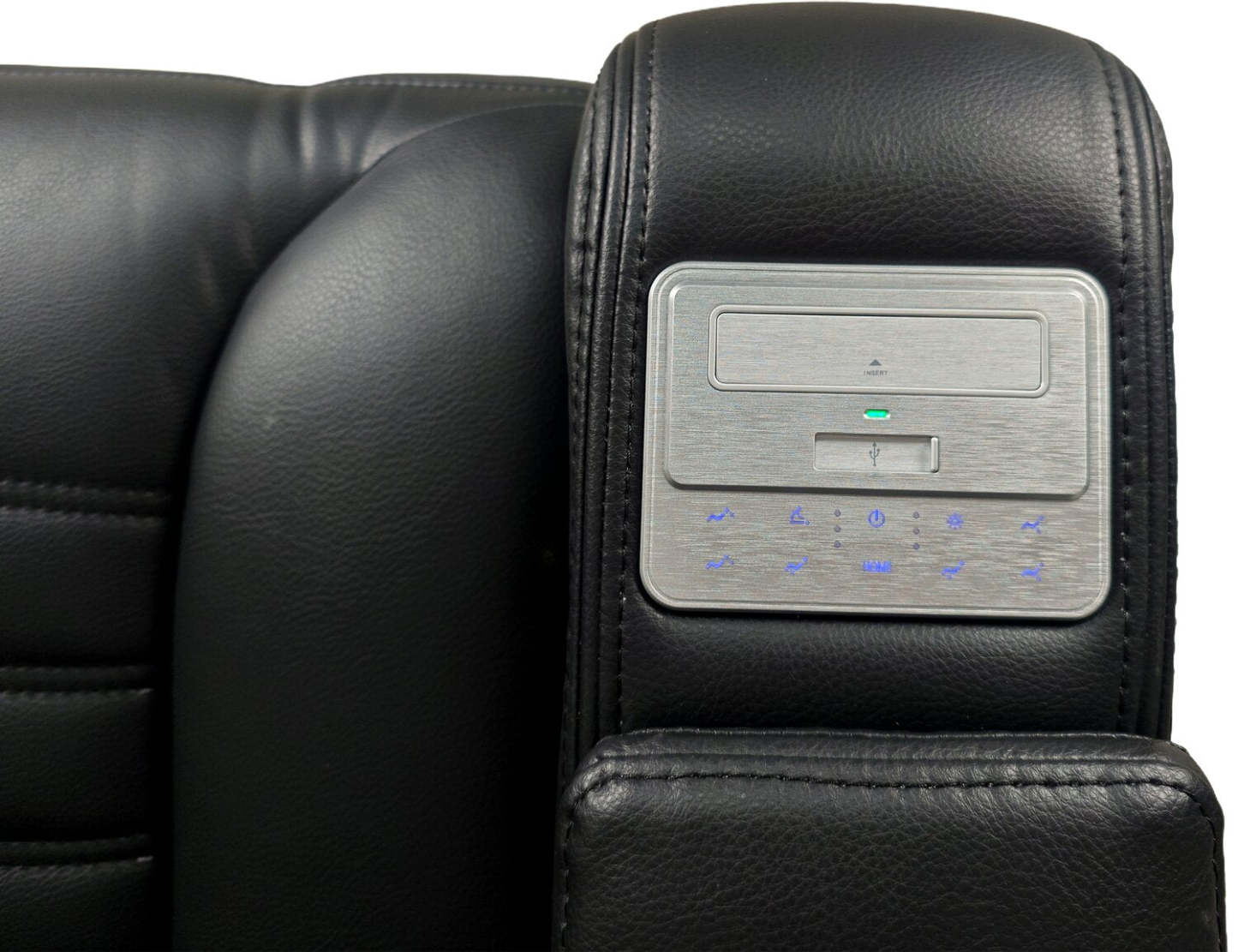Sofa de massage à inclinaison électrique Zen de 86 po en tissu d’apparence cuir avec appuie-têtes électriques et console rabattable - noir