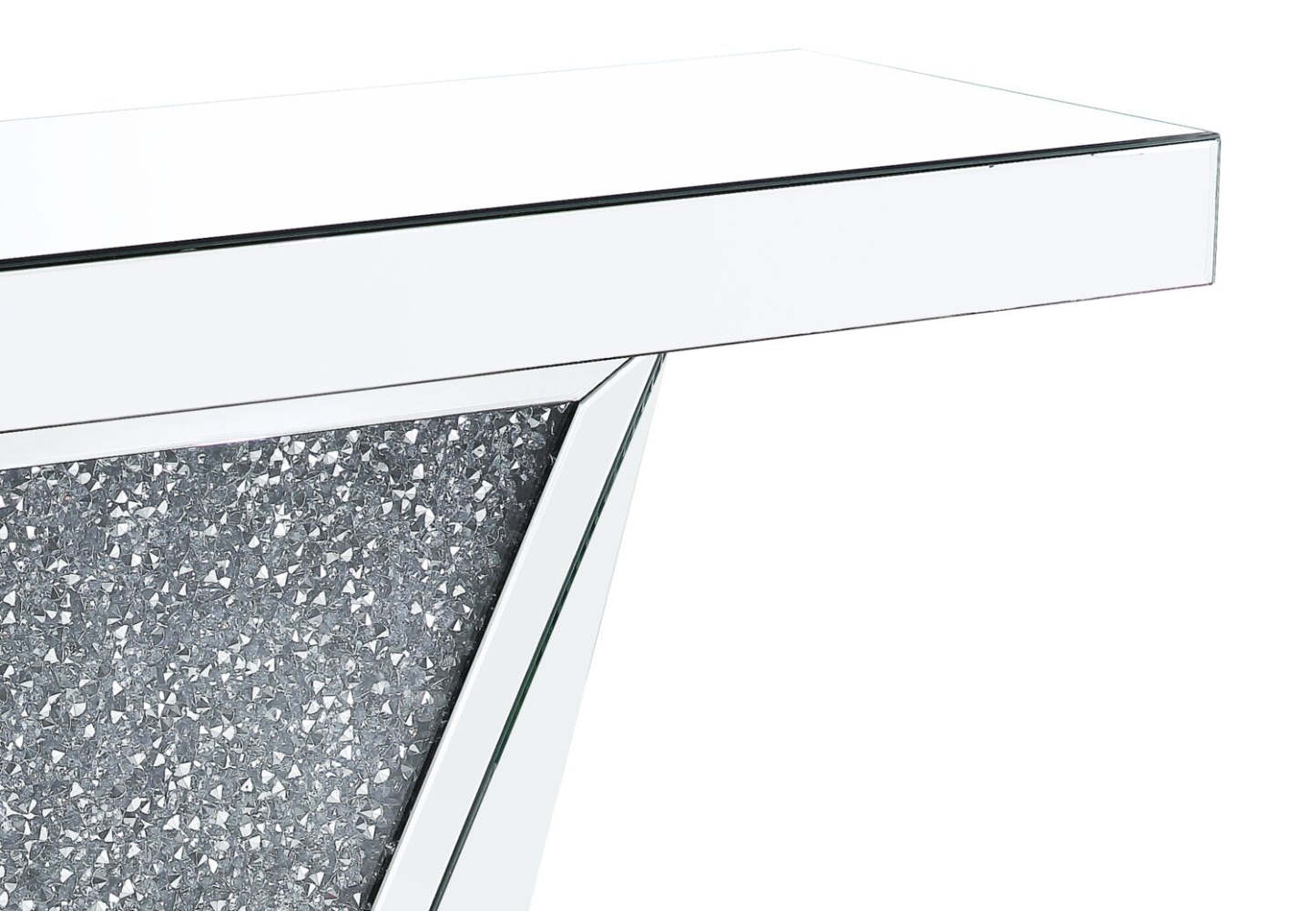 Rosie 47.5 Glam Mirror &amp; Glass Top Sofa Table - Silver Metal with Diamond Look Legs|Table de salon somptueuse Rosie de 47,5 po avec dessus en miroir et en verre - métal argenté avec pattes à apparence de diamant