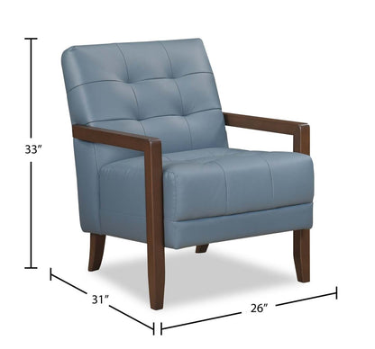 Fauteuil d'appoint Enzo 26 en cuir véritable avec capitonnage en biscuit, accoudoirs sur rail et pieds en bois - Bleu | Fauteuil d'appoint Enzo de 26 po en cuir avec capitonnage en véritable biscuit, accoudoirs rectilignes et pattes en bois - bleu