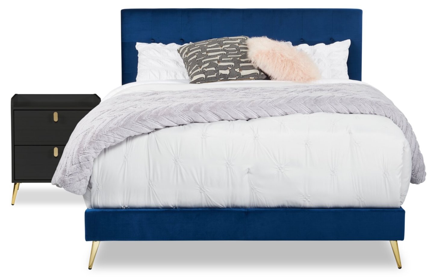 Gabi Upholstered Bed in Blue Velvet Fabric with Gold Finish Legs, Button Tufted - King Size | Lit rembourré Gabi en tissu de velours bleu avec pattes au fini doré et capitonnage à boutons - format très grand lit