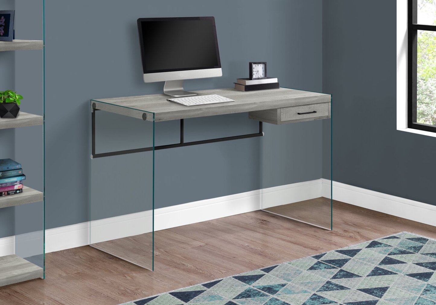 Bureau Isla 48 avec tiroir - Gris avec base en verre|Bureau Isla de 48 po avec tiroir - gris avec base en verre