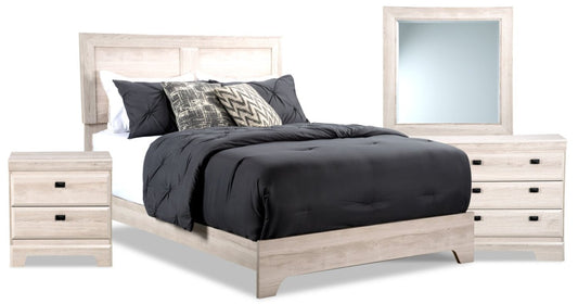 Ensemble de chambre à coucher Yorkdale 6 pièces avec lit à panneau, commode, miroir et table de nuit, blanc - Taille Queen