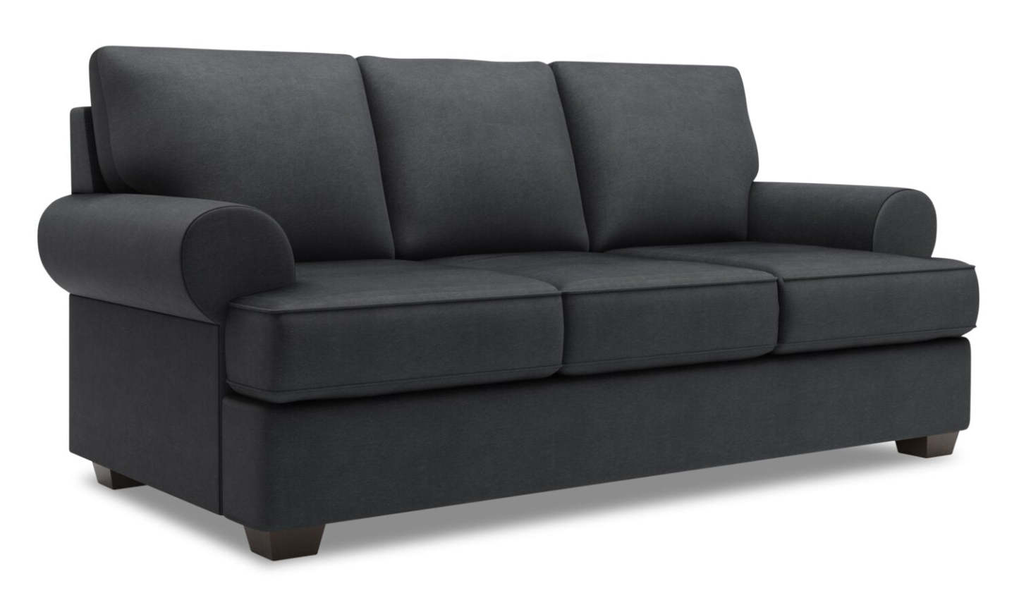 Fabriqué au Canada Canapé Personnalisable Roll 86 en Tissu d'Apparence Lin avec Accoudoirs Enroulés - Gris Pax Pepper | Canapé-lit Roll de Sofa Lab de 86 po fabriqué au Canada en tissu d'apparence lin avec accoudoirs enroulés - gris Pax Pepper | RO602949