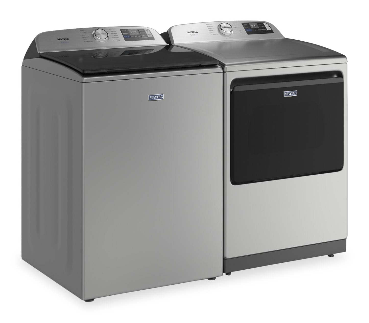 Maytag 6.0 Cu. Ft. Pet Pro Smart Top-Load Washer and 7.4 Cu. Ft. Electric Dryer – Radiant Silver | Laveuse intelligente à chargement par le haut de 6,0 pi³ et sécheuse électrique de 7,4 pi³ Animal Pet Pro de Maytag - argenté radieux