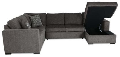 Made in Canada Legend 4-Piece Right-Facing Chenille Fabric Sleeper Sectional with Storage Chaise - Pewter Brown | Canapé-lit sectionnel de droite Legend 4 pièces fabriqué au Canada en tissu de chenille avec chaise longue de rangement - brun étain