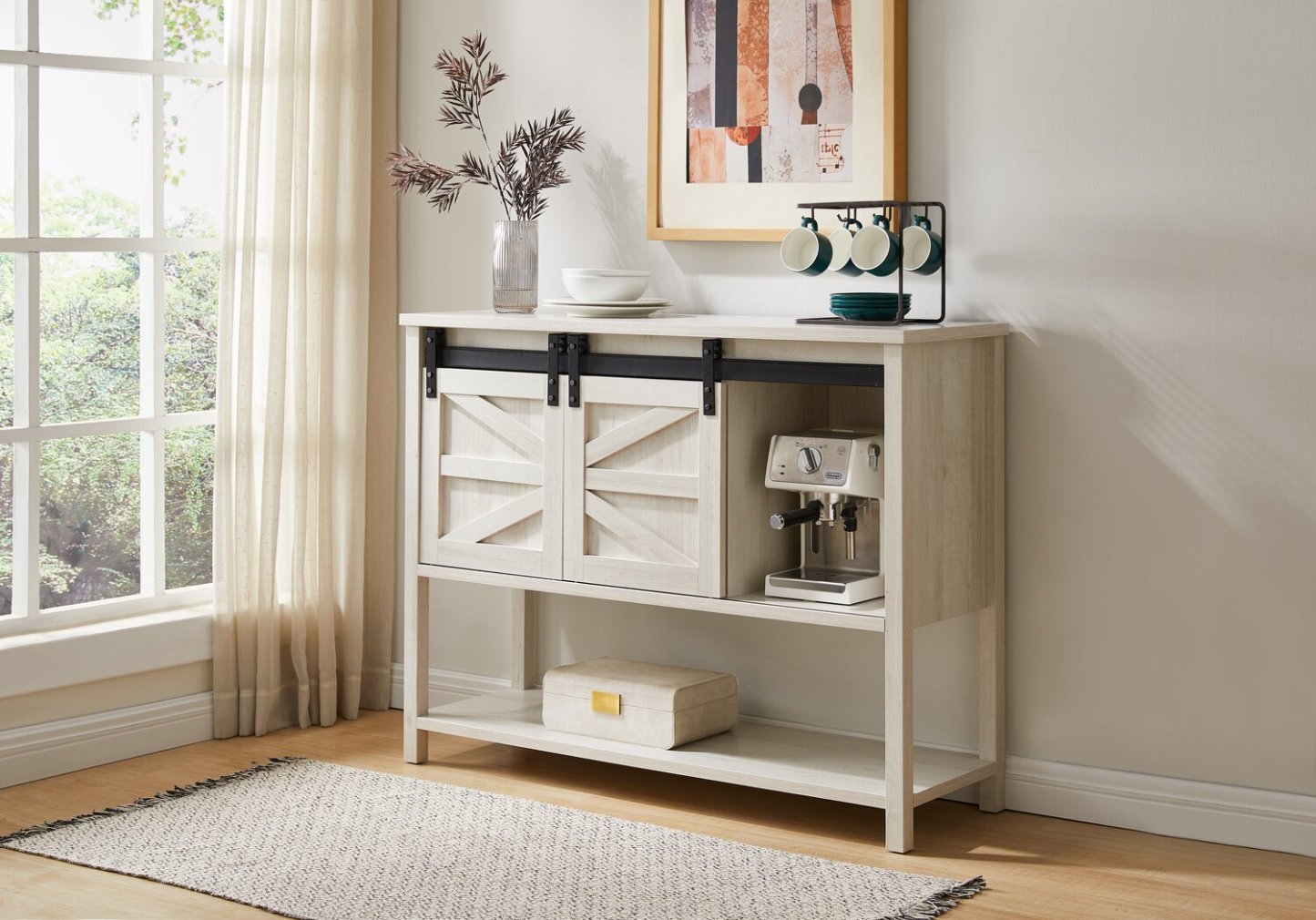 Corbin 47.25 Armoire d'appoint avec portes de grange coulissantes - Chêne blanc|Armoire décorative Corbin de 47,25 po avec portes de grange coulissantes - chêne blanc