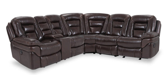 Sofa sectionnel à inclinaison électrique Leo 6 pièces en cuir véritable avec console de rangement et 2 porte-gobelets - brun noyer