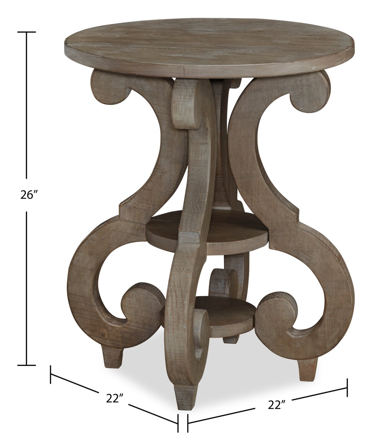 Table de bout ronde traditionnelle Tinley Park de 22 po avec tablette - pin gris-brun avec base à volutes
