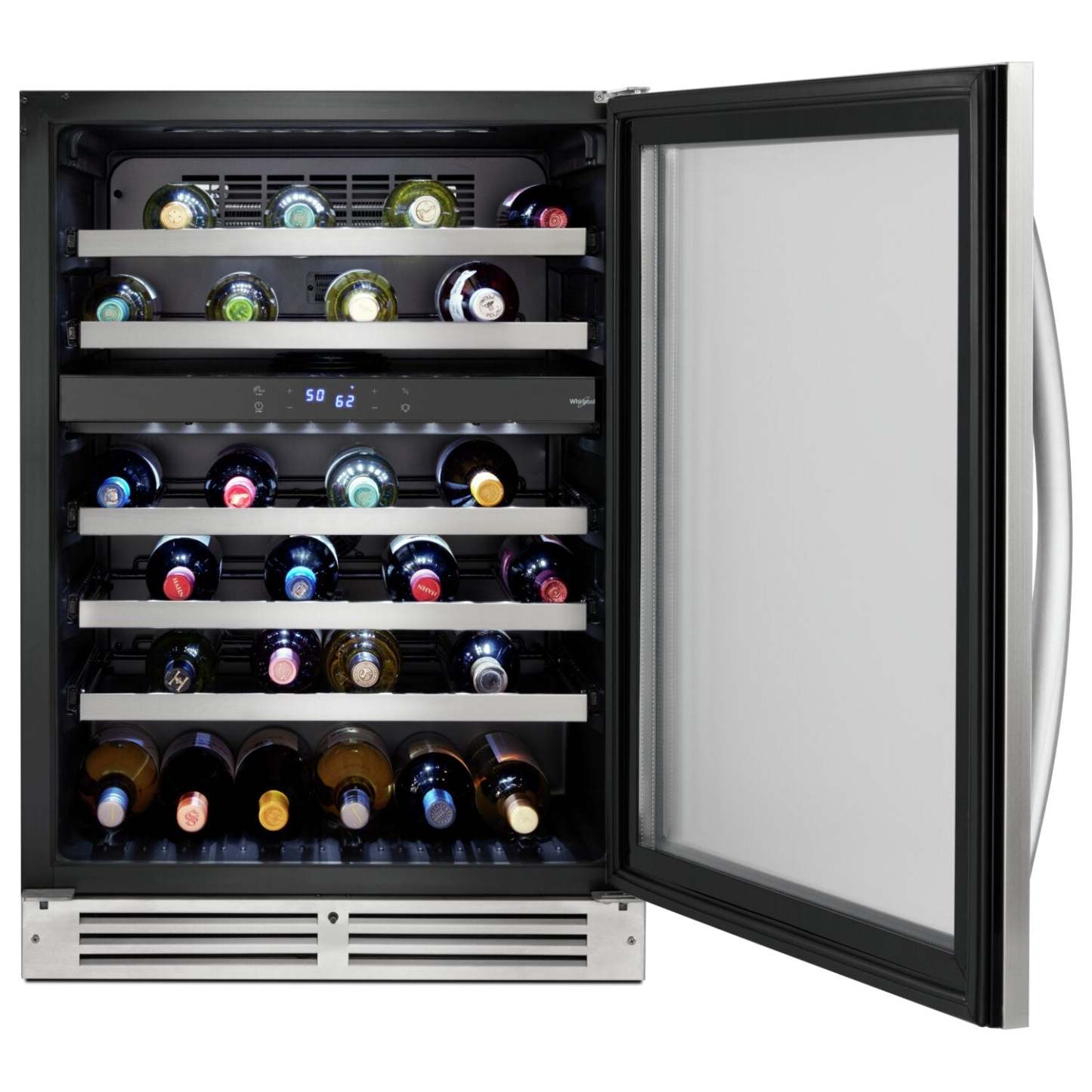 Whirlpool 24 5 Cu. Ft. Undercounter Wine Refrigerator - Stainless Steel - WUW55X24HS | Réfrigérateur à vin Whirlpool de 5 pi³ et de 24 po sous le comptoir - acier inoxydable - WUW55X24HS
