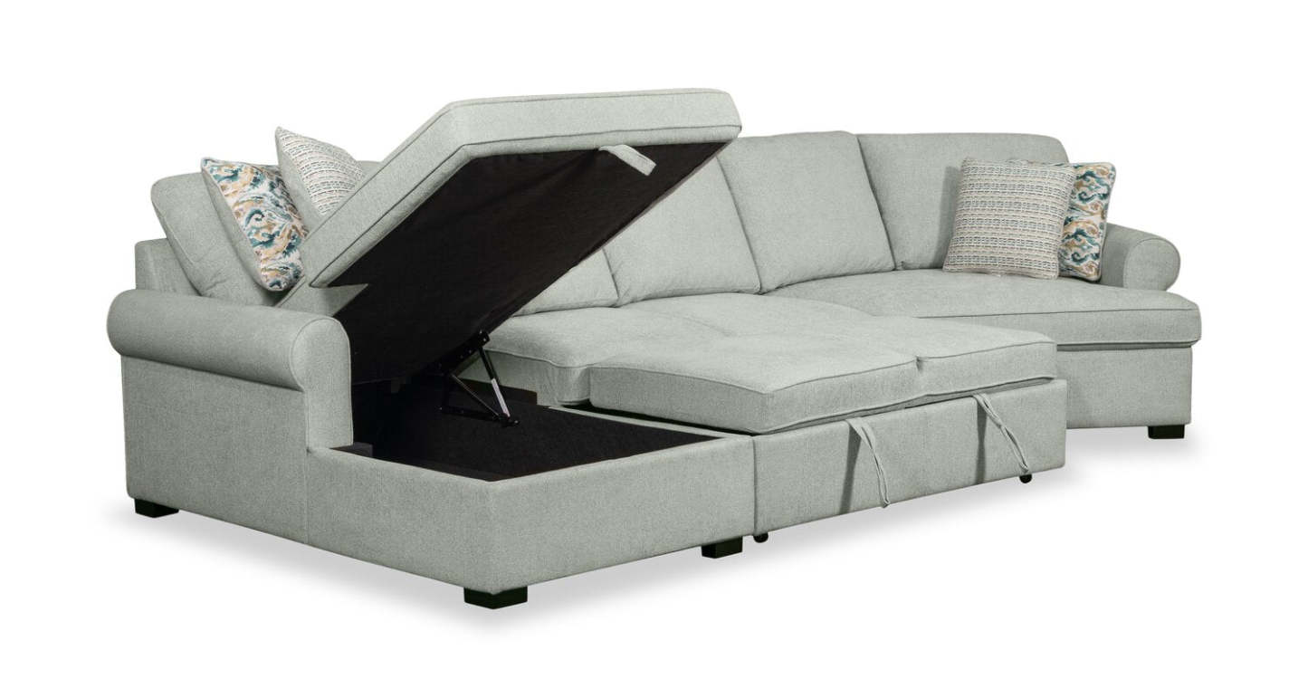 Scott Living Haven 3-Piece Right-Facing Chenille Fabric Cuddler Sleeper Sectional with Storage - Seafoam Blue | Canapé-lit sectionnel enveloppant de droite Haven de Scott Living 3 pièces en tissu de chenille avec rangement - écume de mer