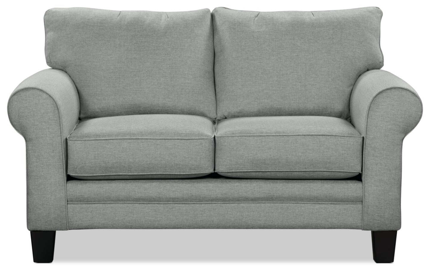 Made in Canada Tula 65 Fabric Loveseat with Rolled Arms and Accent Pillows - Mist Grey  | Causeuse Tula de 65 po fabriquée au Canada en tissu avec accoudoirs enroulés et coussins décoratifs - gris brume