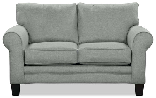 Made in Canada Tula 65 Fabric Loveseat with Rolled Arms and Accent Pillows - Mist Grey  | Causeuse Tula de 65 po fabriquée au Canada en tissu avec accoudoirs enroulés et coussins décoratifs - gris brume