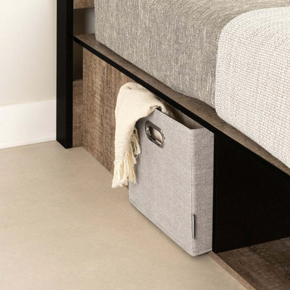 Lit plateforme Everley avec rangement et paniers intégrés, chêne patiné et noir mat - taille simple | Lit plateforme Everley avec rangement et paniers intégrés, chêne vieilli et noir mat - format lit simple