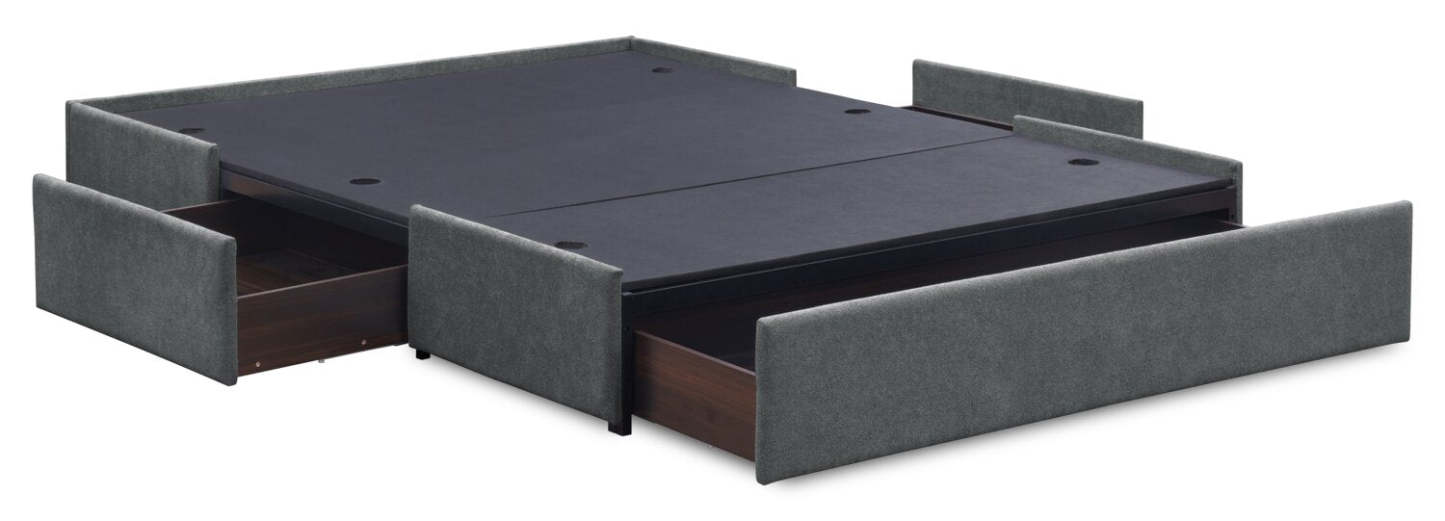 Sommier de lit rembourré avec rangement Amos en tissu anthracite avec 3 tiroirs intégrés - Grand lit | Base de lit de rangement Amos rembourrée en tissu anthracite avec 3 tiroirs intégrés - format grand lit