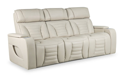 Sofa de massage à inclinaison électrique Zen de 86 po en tissu d’apparence cuir avec appuie-têtes électriques et console rabattable - abricot