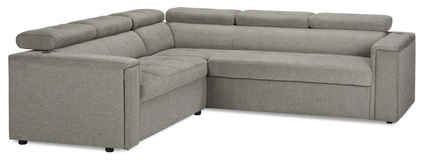 Savvy 2-Piece Right-Facing Linen-Look Fabric Sectional with Adjustable Headrests, Cupholders and USB Port - Grey | Canapé sectionnel droit Savvy 2 pièces en tissu d’apparence lin avec appuie-têtes réglables, porte-gobelets et port USB - gris