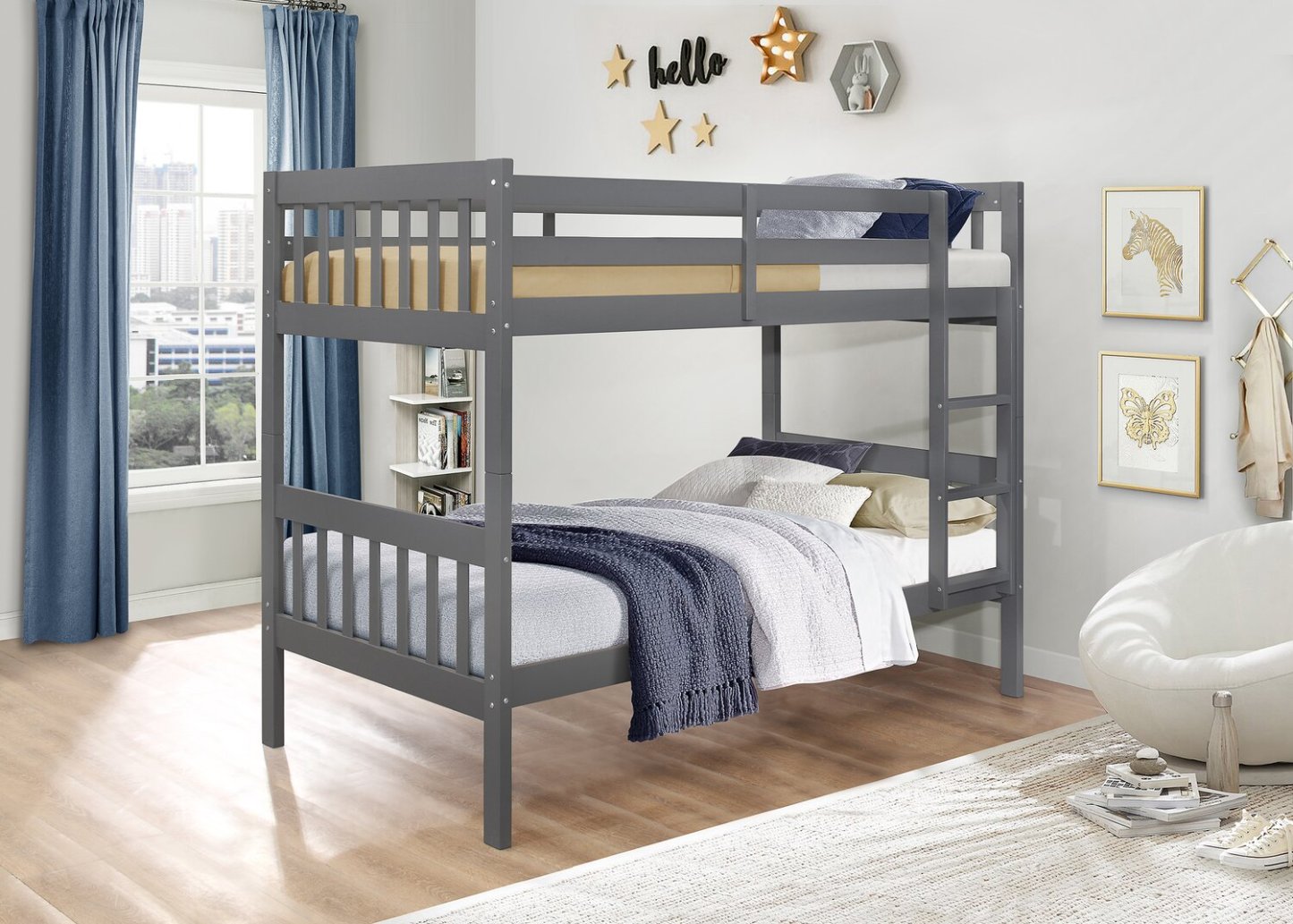 Lit superposé Miko avec échelle et garde-corps pour enfants, gris - Twin/Twin | Lits superposés Miko pour enfants avec échelle et garde-corps, gris - simple et simple
