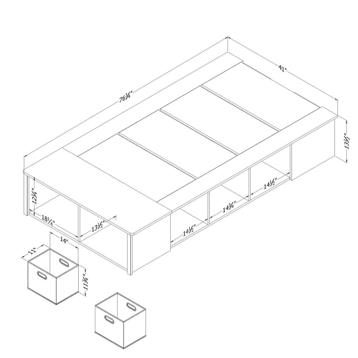 Lit plateforme Everley avec rangement et paniers intégrés, blanc - Taille simple | Lit plateforme Everley avec rangement et paniers intégrés, blanc - format lit simple