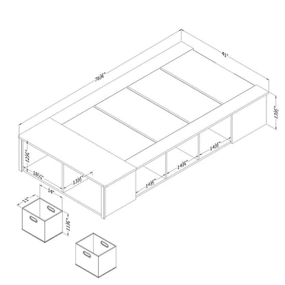 Lit plateforme Everley avec rangement et paniers intégrés, blanc - Taille simple | Lit plateforme Everley avec rangement et paniers intégrés, blanc - format lit simple